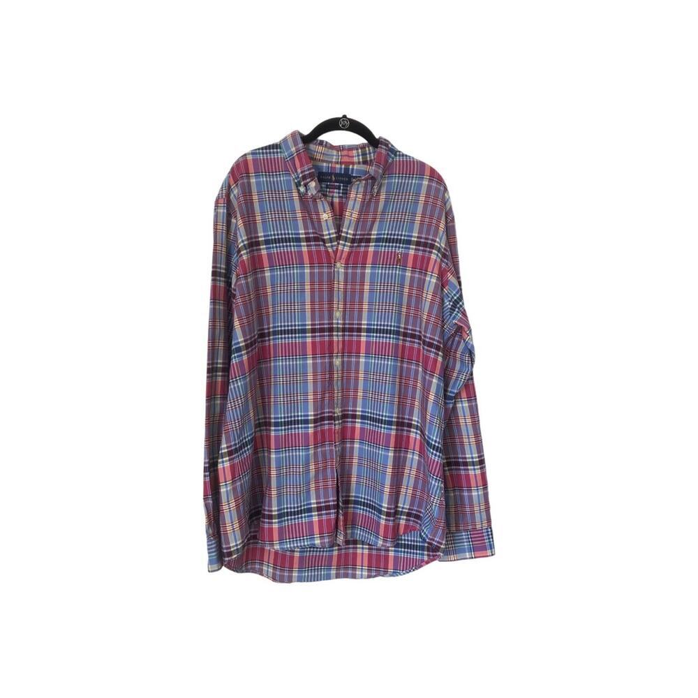 Ralph Lauren Top Mens Size XL Pink Blue Plaid Classic Fit Button Up Long Sleeve